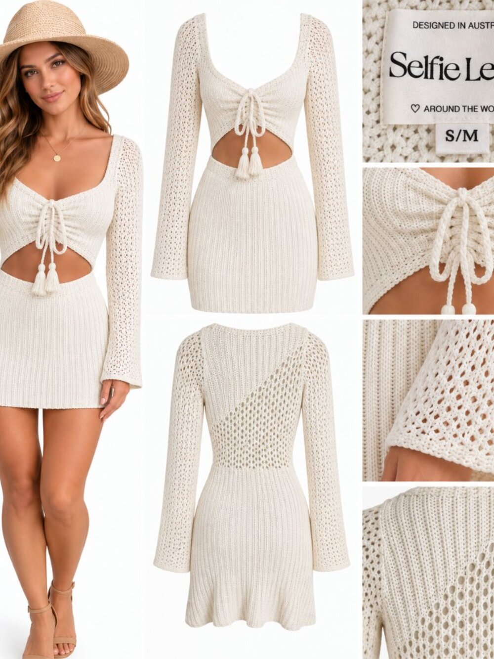 Selfie Leslie S/M Ivory Crochet Knit Cutout Mini Dress Boho Coastal Tie Front
